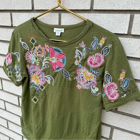 Sundance Safran Embroidered Short Sleeve Top Cedar Green - Picture 2 of 8
